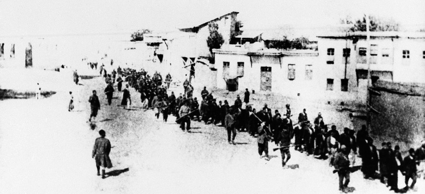 This is the scene in Turkey in 1915 when Armenians were marched long distances and said to have been massacred. 
