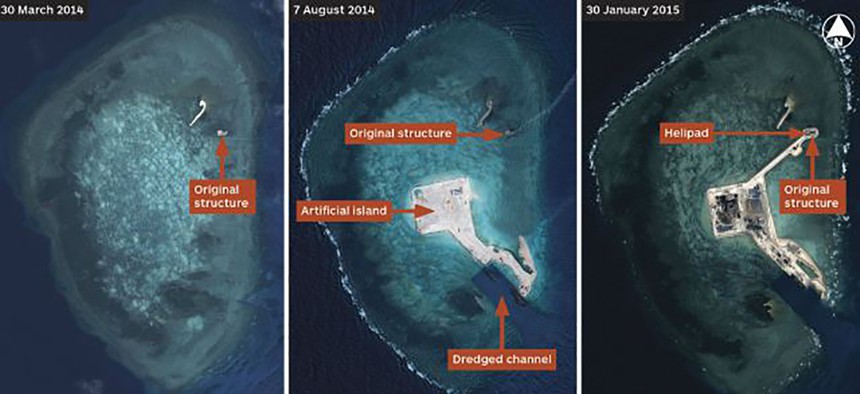 Airbus Defence and Space satellite imagery shows the brisk clip at which China has turned Gaven Reefs into a helipad-supporting island.
