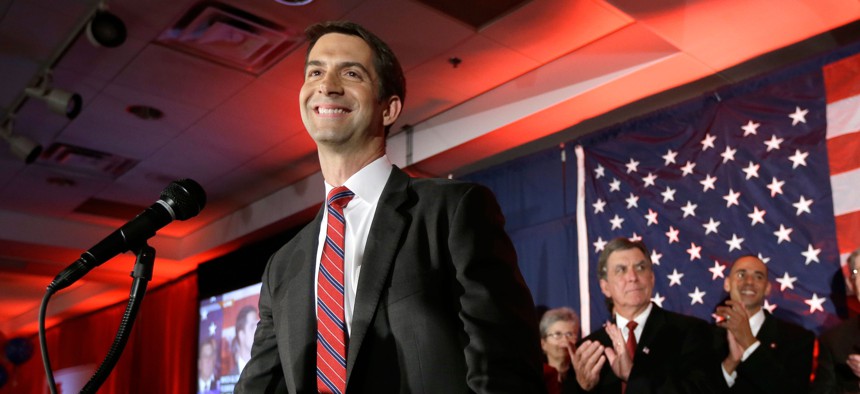 Rep. Tom Cotton, R-Ark., is applauded at his election watch party in North Little Rock, Ark., Nov. 4, 2014.