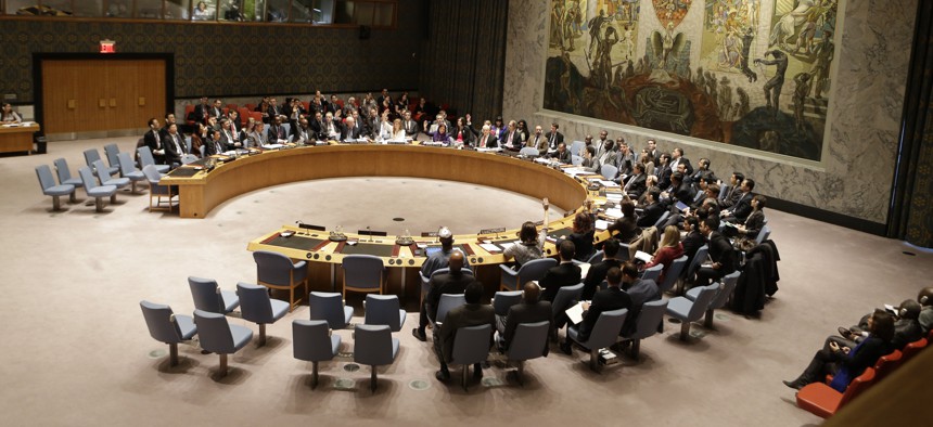 Members of the UN Security Council meet during a session on December 22, 2014, at United Nations headquarters. 