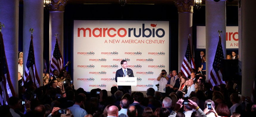 Florida Sen. Marco Rubio at a rally at the Freedom Tower to announce his candidacy for the Republican presidential nomination, April 13, 2015, in Miami.