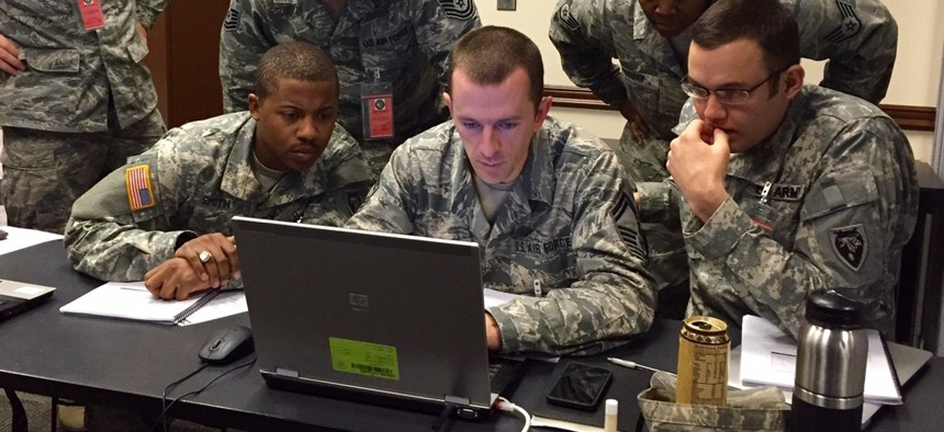 Soldiers gather at Camp Atterbury as part of the 2015 Cyber Shield exercise. 