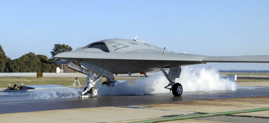 An X-47B prepares to take off during a catapult test. 