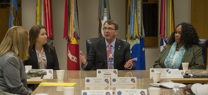Secretary of Defense Ash Carter makes remarks during an Army Sexual Harassment/Assault Response and Prevention (SHARP) roundtable meeting at Joint Base Fort Myer-Henderson Hall, Va., Apr. 22, 2015.