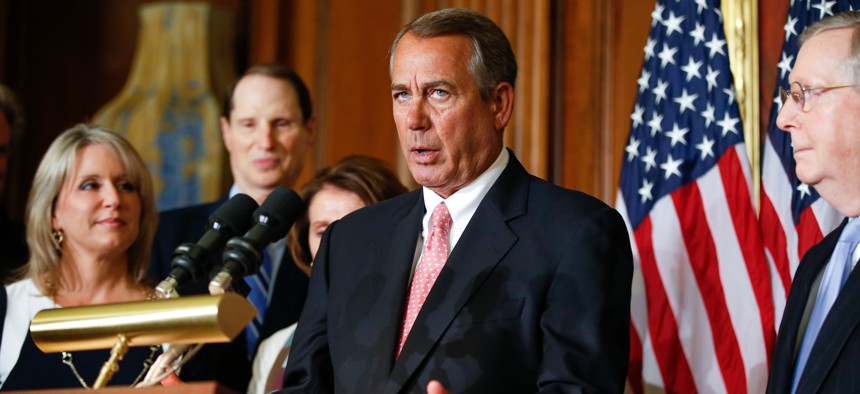 House Speaker John Boehner speaks during a press conference on Capitol Hill, on April 16, 2015.