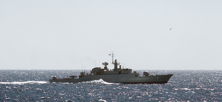 A starboard beam view of an Iranian Alvand-class frigate underway in 1988.