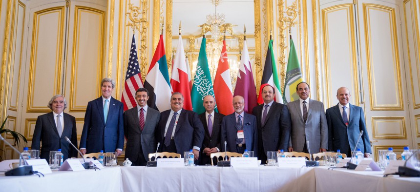 Secretary of State John Kerry and Foreign Ministers of the Gulf Cooperation Council pose for photographers at the Chief of Mission Residence in Paris, France, Friday, May 8, 2015, to discuss Middle East concerns about Iran acquiring nuclear weapons.