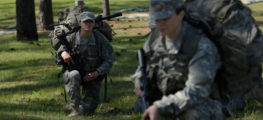 U.S. Army Soldiers practice battle drill movements for the Ranger Training Assessment Course (RTAC) at Camp Butler on Fort Benning, Ga., April 4, 2015.