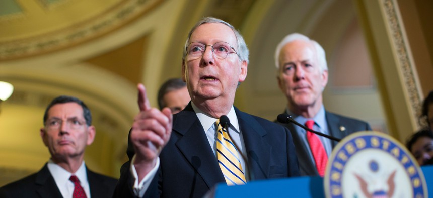 Senate Majority Leader Sen. Mitch McConnell, R-Ky., answers a question during a news conference on Capitol Hill in Washington, April 21, 2015.