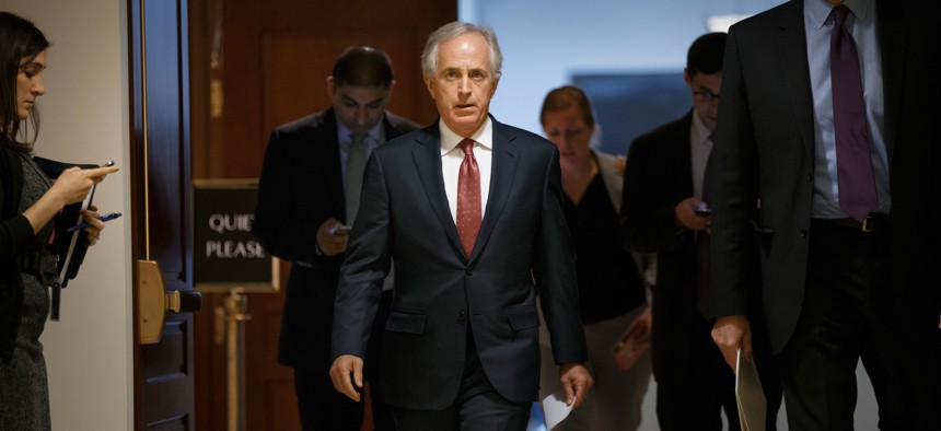 Senate Foreign Relations Committee Chairman Sen. Bob Corker, R-Tenn. leaves a closed-door security briefing on nuclear negotiations with Iran, Tuesday, Feb. 10, 2015, on Capitol Hill in Washington.