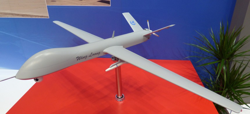 A model of the Chinese made Wing Loong drone, seen at the IDEX 2015 in Abu Dhabi, U.A.E.