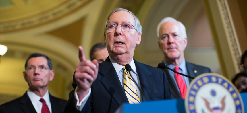 Senate Majority Leader Sen. Mitch McConnell, R-Ky., answers a question during a news conference on Capitol Hill in Washington, Tuesday, April 21, 2015. 