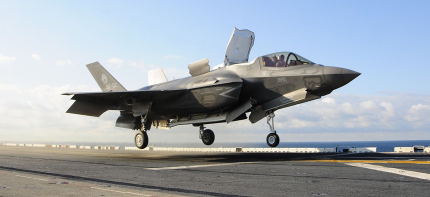 One of the Marine Corps' F-35Bs lifts off the flight deck of the USS Wasp during a test. 