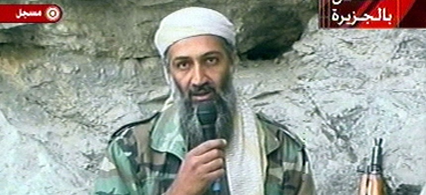 In this Oct. 7, 2011 file photo, Osama bin Laden is seen at an undisclosed location in this television image. 