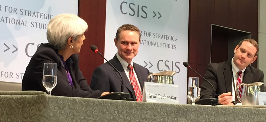 DARPA Director Arati Prabhakar (left) and Northrop Grumman CEO Wes Bush (center) discuss innovation and research at the Pentagon during an event at the Center for Strategic International Studies, on May 26, 2015.