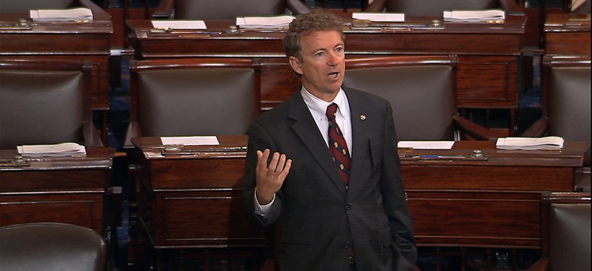 In this image from Senate video, Sen. Rand Paul, R-Ky., and a Republican presidential contender, speaks on the floor of the U.S. Senate Wednesday afternoon, May 20, 2015.