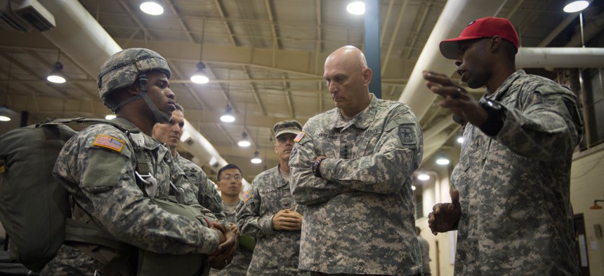 Army Chief of Staff Gen. Ray Odierno speaks to soldiers of the 82nd Sustainment Brigade at Fort Bragg, on May 1, 2015.