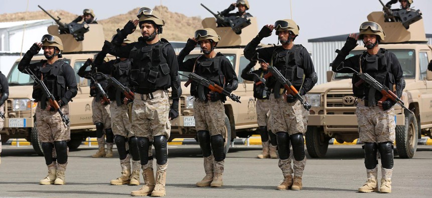Royal Saudi Land Forces and units of Special Forces of the Pakistani army take part in a joint military exercise called "Al-Samsam 5" in Shamrakh field, north of Baha region, southwest Saudi Arabia, Monday, March 30, 2015.