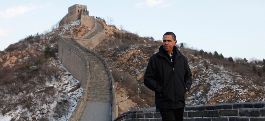 n this Nov. 18, 2009 file photo, U.S. President Barack Obama tours the Great Wall in Badaling, China. 