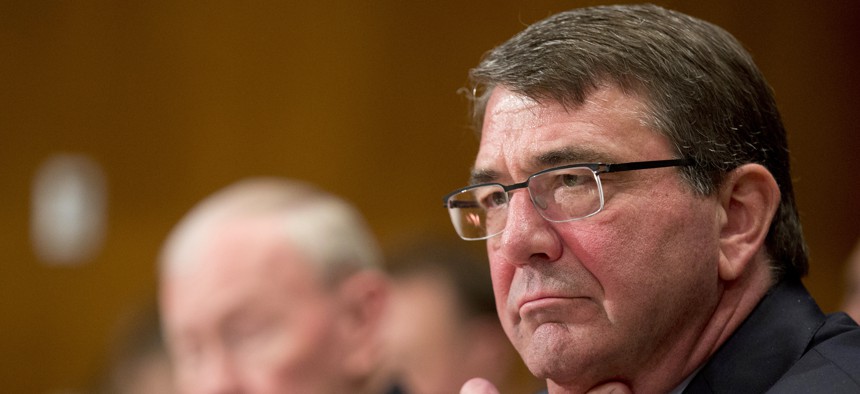 Defense Secretary Ash Carter and Joint Chiefs Chairman Gen. Martin Dempsey testify on Capitol Hill in Washington, Wednesday, May 6, 2015, before the Senate Appropriations Committee.