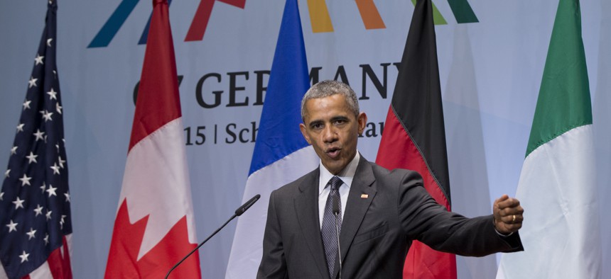 US President Barack Obama speaks during a news conference at the G-7 summit in Schloss Elmau hotel near Garmisch-Partenkirchen, southern Germany, Monday, June 8, 2015.