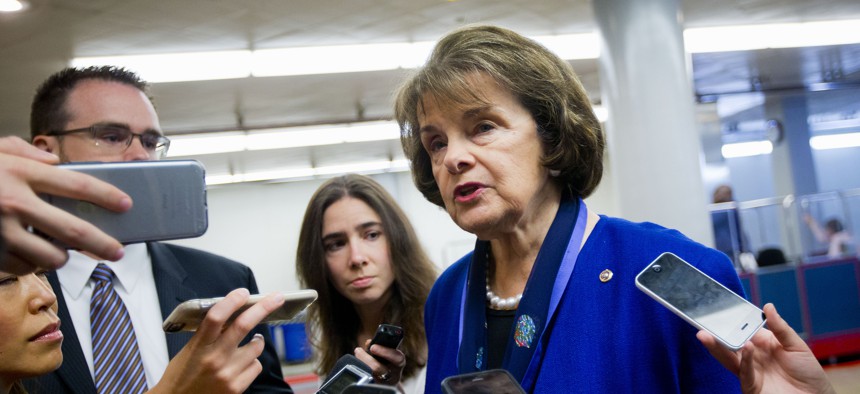 Senate Intelligence Committee Vice Chair Sen. Dianne Feinstein, D-Calif. speaks with reporters on Capitol Hill in Washington, Tuesday, June 2, 2015. 