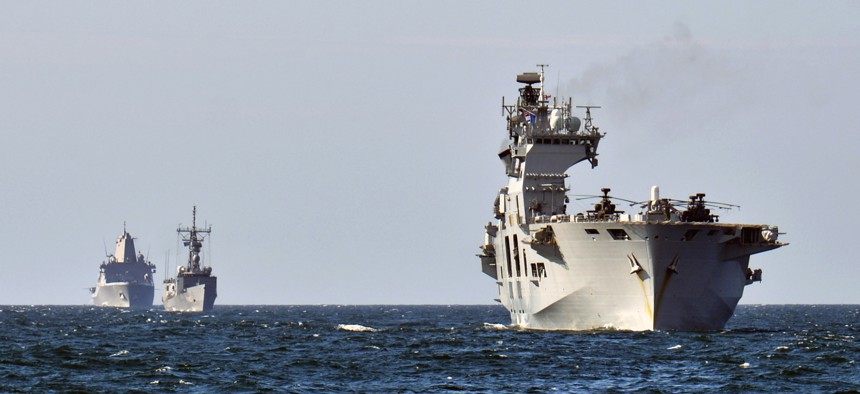 Three NATO ships steam in the Baltic as part of exercise Baltic Operations 2015.