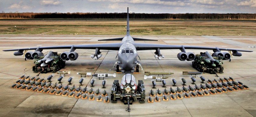 A B-52 bomber with its full array of munitions at Barksdale Air Force Base, Louisiana. 