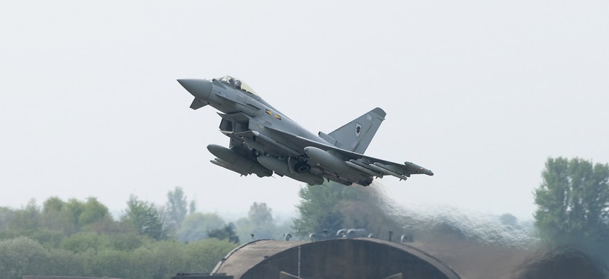 A Royal Air Force Typhoon fighter jet takes off as part of its Baltic Air Policing mission. 