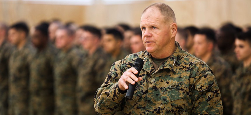 Lt . Gen. Robert Neller, commander of U.S. Marine Corps Forces Command and U.S. Marine Corps Forces Europe, speaks during a transfer of authority ceremony at Mihail Kogalniceanu, Romania, Feb. 9, 2015.