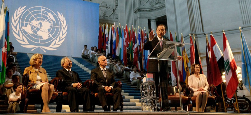 U.N. Secretary General Ban Ki-moon, foreground center, speaks at a ceremony for the 70th anniversary of the United Nations in San Francisco, Friday, June 26, 2015.