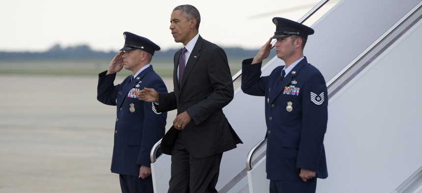 President Barack Obama arrives on Air Force One, Wednesday, July 1, 2015, in Andrews Air Force Base, Md.