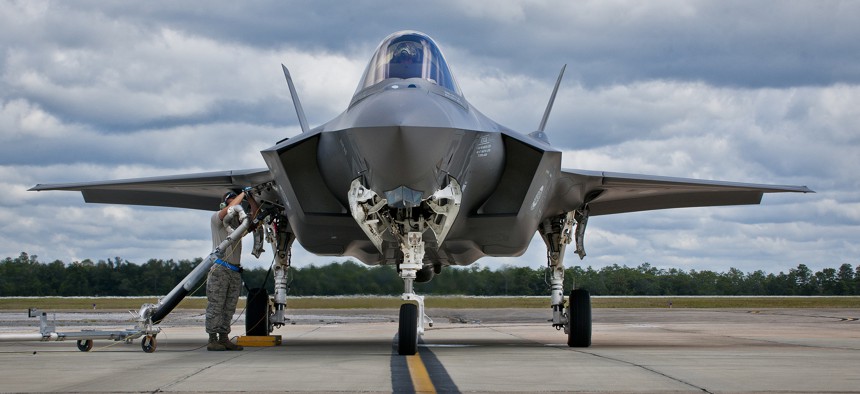 An F-35A is refueled at Eglin Air Force Base, Fla, on Sept. 26, 2014.