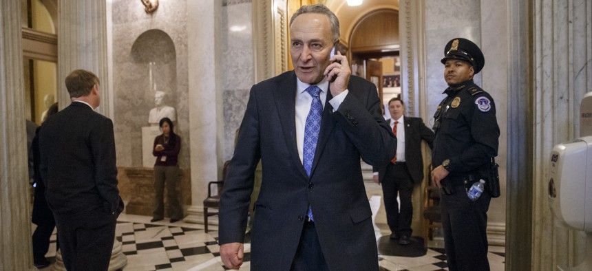 en. Chuck Schumer, D-N.Y., the third-ranking Democrat in the Senate, leaves the chamber after the new Republican majority prevailed in passing a bipartisan bill approving construction of the Keystone XL oil pipeline, at the Capitol on Jan. 29, 2015.