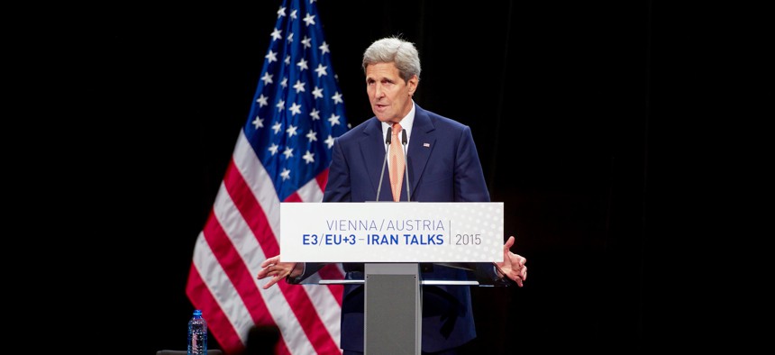 U.S. Secretary of State John Kerry addresses an international press corps gathered at the Austria Center in Vienna, Austria, on July 14, 2015.