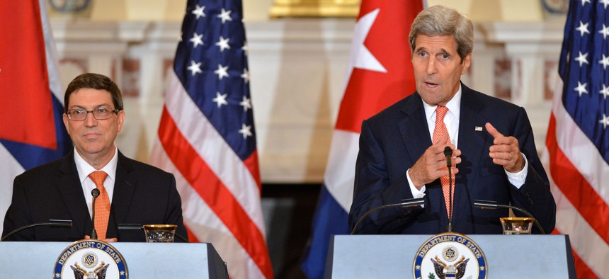 U.S. Secretary of State John Kerry addresses reporters during his joint press conference with Cuban Foreign Minister Bruno Rodríguez after their bilateral meeting at the U.S. Department of State in Washington, D.C., on July 20, 2015. 