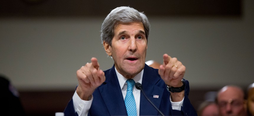 Secretary of State John Kerry testifies at a Senate Foreign Relations Committee hearing on Capitol Hill, in Washington, Thursday, July 23, 2015.