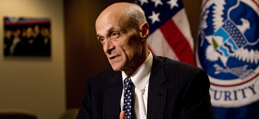 Then Homeland Security Secretary Michael Chertoff responds to a question while being interviewed by The Associated Press, Wednesday, Jan. 7, 2009.