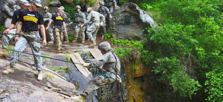 U.S. Army Soldiers participate in rappel training during the Ranger Course on Camp Merrill in Dahlonega, Ga., July 12, 2015.