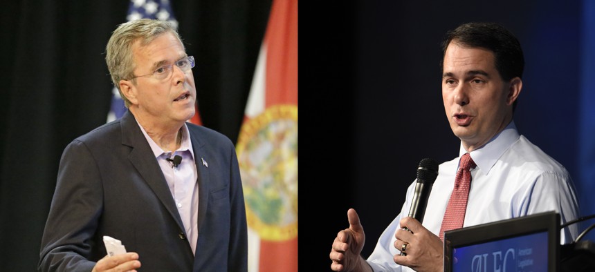 The GOP presidential candidacies of Jeb Bush, left, and Scott Walker, have split a pair of old friends and former Romney campaign advisors.