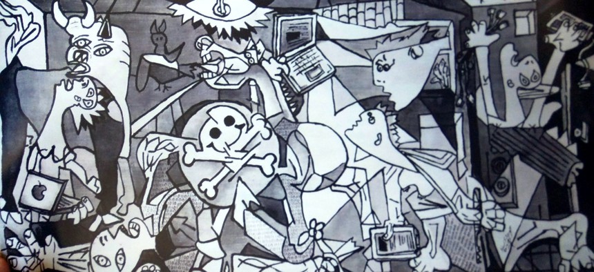 Hacker-themed Guernica, Paris Hotel, DEF CON, Las Vegas, Nevada. Photo used under Creative Commons 2.0 license, and may be distributed under that same license. This photo has been cropped. 
