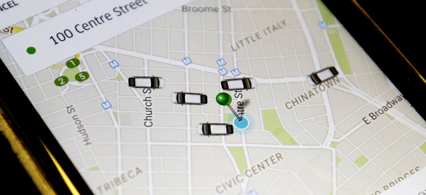 The Uber app shows cars available for a pickup at 100 Centre St. earlier this year.