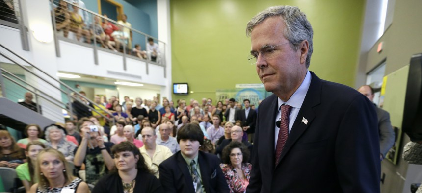 Presidential candidate Jeb Bush said he was "struggling" with whether he would renew limits to controversial interrogation techniques deemed torture, in Davenport, Iowa, on Aug. 13, 2015.