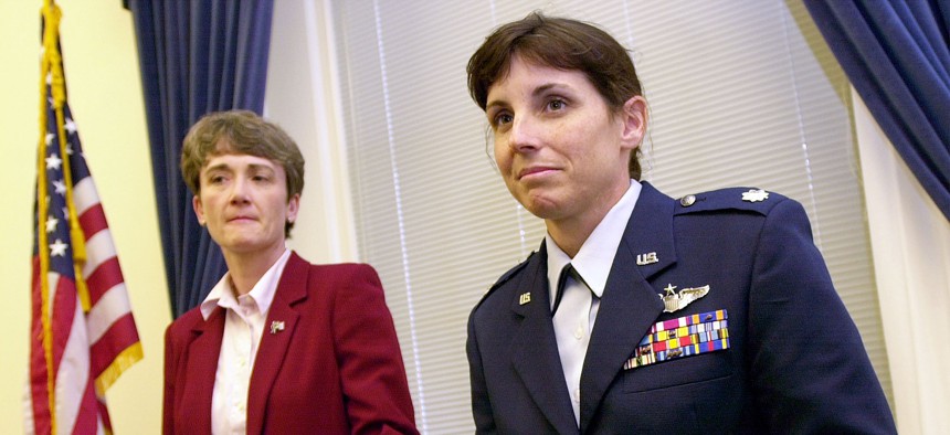 In 2002, then-Lt. Col. Martha McSally appeared with Rep. Heather Wilson, a military veteran, to support legislation forbidding the Pentagon to force military women to wear abayas on deployment in Saudi Arabia.