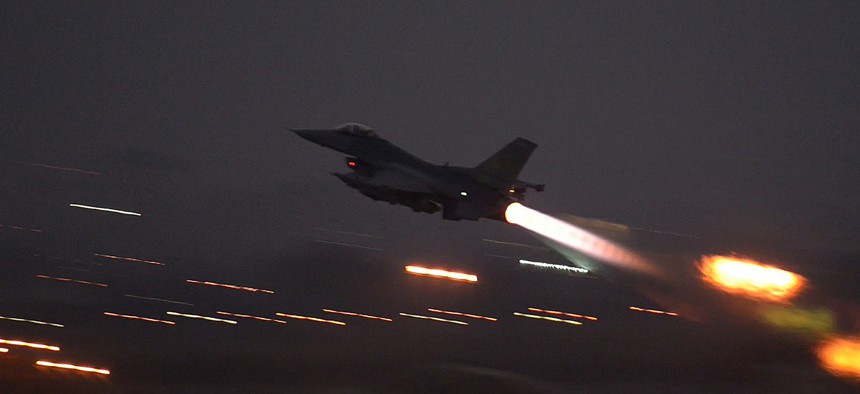 A U.S. Air Force F-16 takes off from Incirlik Air Base in Turkey on Aug. 12, 2015.