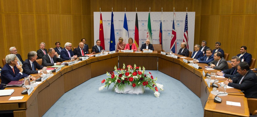 EU High Representative for Foreign Affairs and Security Policy Federica Mogherini attends with foreign ministers at the UN headquarter, the venue of the nuclear talks in Vienna, Austria on July 14, 2015.