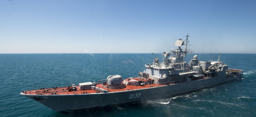 The Ukrainian navy frigate Hetman Sahaydachniy (U 130) transits the Black Sea during an underway exercise with USS Ross (DDG 71) June 2, 2015.