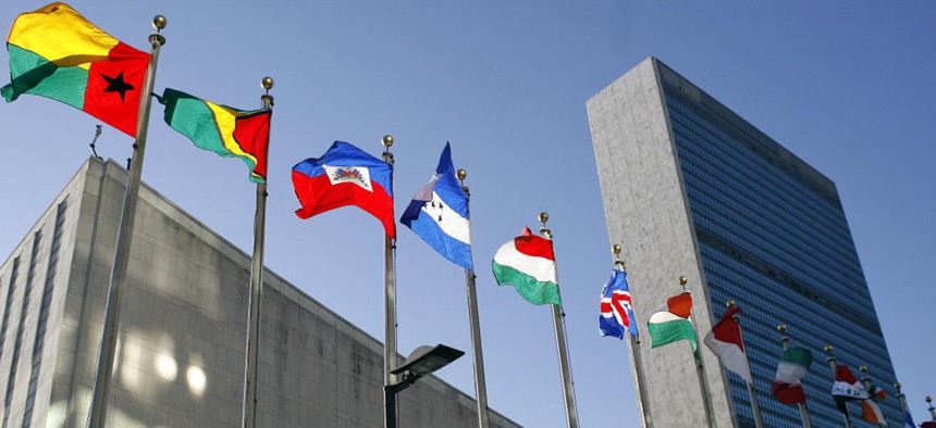 Flags fly in the north end of the United Nations building on a sunny fall day in New York City, Oct. 9, 2006.