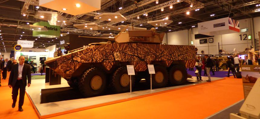 A Finnish-made Patria AMV was one of many high-end combat vehicles on display this week at the 2015 Defence Security Exposition International, better known as DSEI, in London.