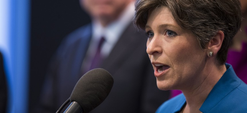 Sen. Joni Ernst, R-Iowa, speaks in support of retaining the A-10 military aircraft, Tuesday, May 5, 2015, during a news conference on Capitol Hill in Washington. 